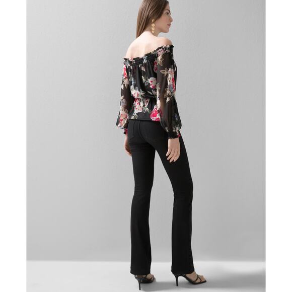 WHBM Off-the-Shoulder Mesh Top L black and red floral - Picture 3 of 7
